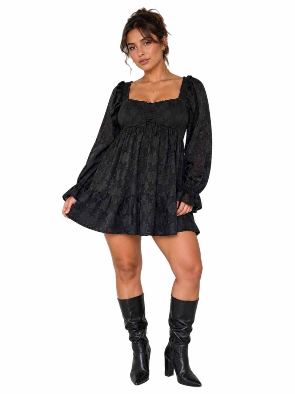 Thirty/Thirty Jacquard 70s Floral Mini Dress – Gothic Romantic – (Black) Size M